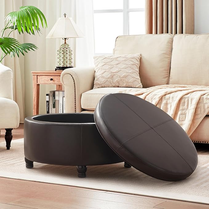 30-Inch Round Storage Ottoman, Modern Ottoman Coffee Table with Removable Top for Living Room, Bedroom, Office (Brown)