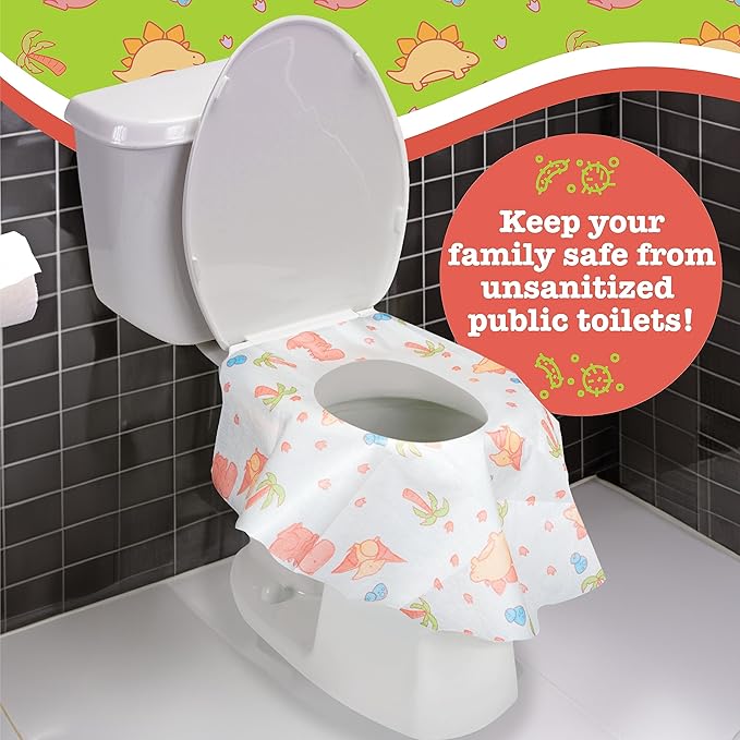 Toilet Seat Covers Disposable (40 pk, Dinosaurs) - XL Waterproof Toilet Cover for Toddlers, Kids & Adults - Portable & Individually Wrapped for Travel, Potty Training, Public Restrooms
