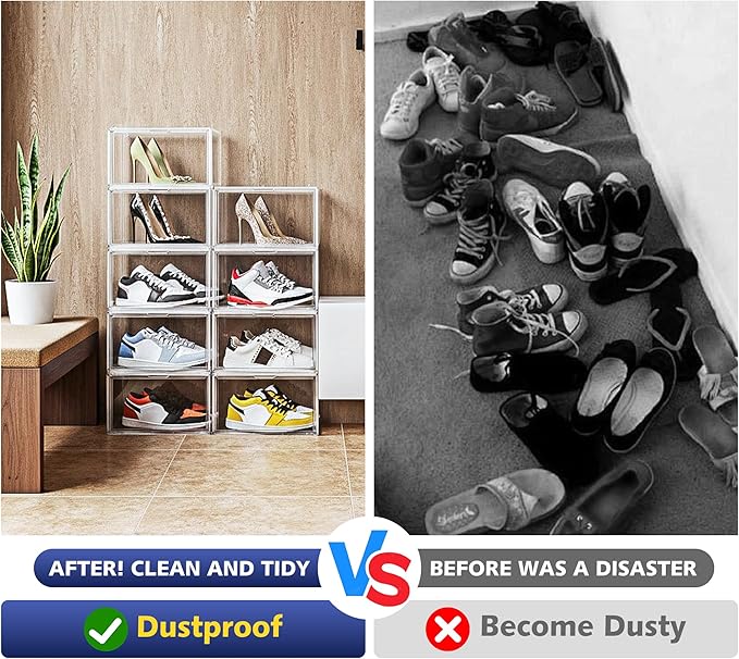 12 Pack Shoe Organizer Clear Plastic Stackable Shoe Storage Boxes with Magnetic Lid Acrylic Display Case Shoe Sneaker Rack for Closet,Fit up to US Size 12