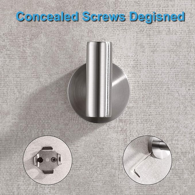 TASTOS Bathroom Towel Hooks Brushed Nickel, 2 Pack Stainless Steel Robe Coat and Clothes Hook, Heavy Duty Wall Hook for Bathroom & Kitchen, Modern Round Style Screw Wall Mounted
