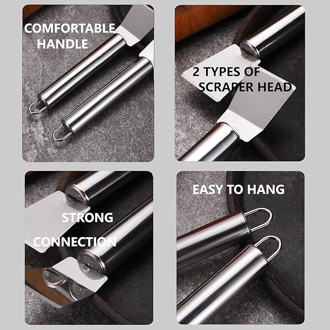 2 PCS Stainless Steel Scrapers – Multifunctional Scraper Cleaning Tool for Cookware, Stovetop, Adhesive, Oven Racks, Grout, Grill & Glass, Durable Scraper for Kitchen & Home, Fridge Cleaning