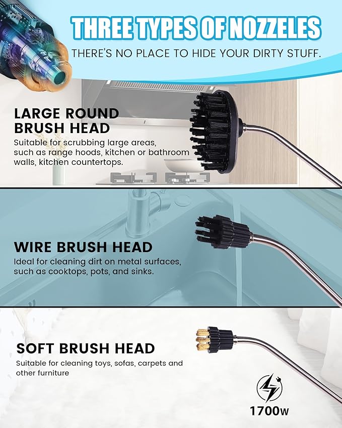 FoundGo 1700W Tankless Handheld Steam Cleaner with 7 Brushes 20s Heating to 239℉ Pressurized Portable Steam Cleaner, Cleaning Home/Kitchen/Car & More-Blue