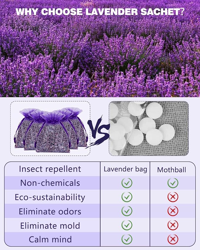 20 Pack Lavender Sachet Bags, 100% Natural French Dried Lavender Sachets for Drawers and Closets, Strong Smell Fragrance Fresh Scents Home