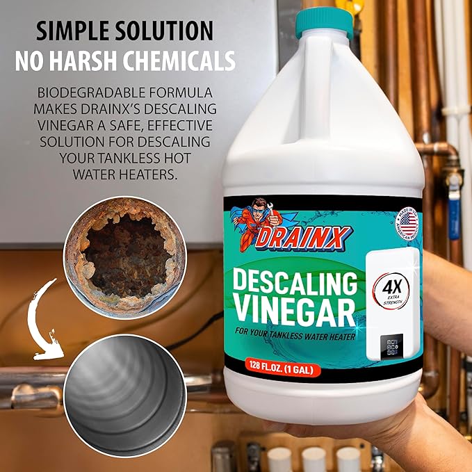 DrainX Tankless Water Heater Flushing Kit Includes Pump, Hoses, 5-Gallon Bucket, Concentrated Vinegar, and Replacement Filter for Rinnai Systems