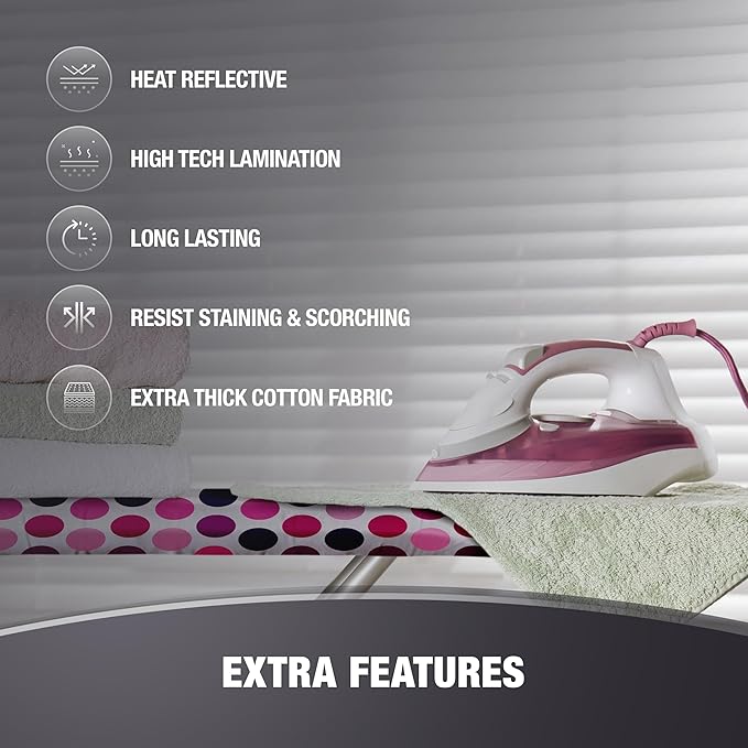 Extra Thick Ironing Board Covers with Pad Standard Size 15x54, Snug Fit Adjustable Drawstring Tightening with Stopper, Heat Reflective Coating, Nose Pocket and Fastener Straps, Polka Dots