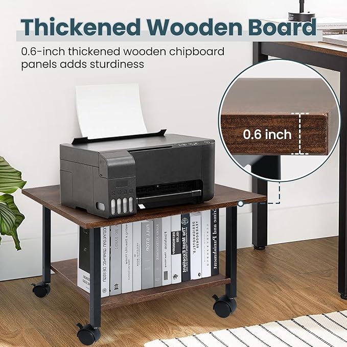 Printer Stand with Storage Under Desk Shelf, Desktop Printer Stand Organizer, Rolling Printer Cart Storage Paper Files Holder for Desk, Office, Home, (Rustic Brown)