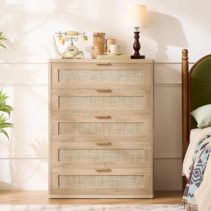 LEYAOYAO Rattan Dresser for Bedroom, 41" Tall Chest of Drawers, Modern 5 Drawers Boho Dressers with Storage, Light Oak Dresser Wooden Closet Organizer for Living Room, Hallway, Natural Wood