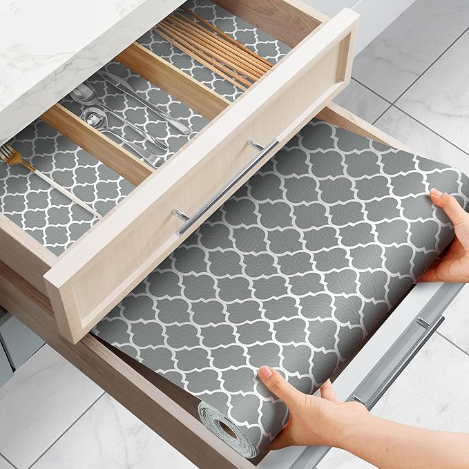 Drawer and Shelf Liner for Kitchen Cabinets Non-Adhesive, Non-Slip Cabinet Liner Shelf Paper Strong Grip Waterproof Easy to Clean for Kitchen Shelves Cupboard, Gray Lantern,17.5IN X 10FT