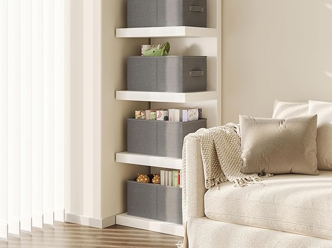 3 Pack Fabric Storage Bins for Shelves | 16.25x12x10in Closet Storage Baskets | Collapsible Storage Bins |Fabric Closet Organizers with Handles | Grey