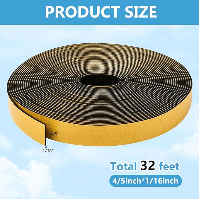 Black Weather Stripping Door Seal Strip (3/5 Inch X 1/16 Inch X 32Feet), Strong Adhesive, Lightproof, Soundproof, Weatherproof Foam Tape Insulation for Sliding Door, Front Door Frame, Windows