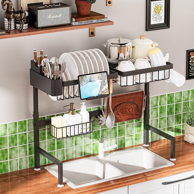 Over The Sink Dish Drying Rack, Expandable Height and Length, 2 Tier Large, Stainless Steel, 24-35.5 inches L x 12 inches W x 19-22 inches H