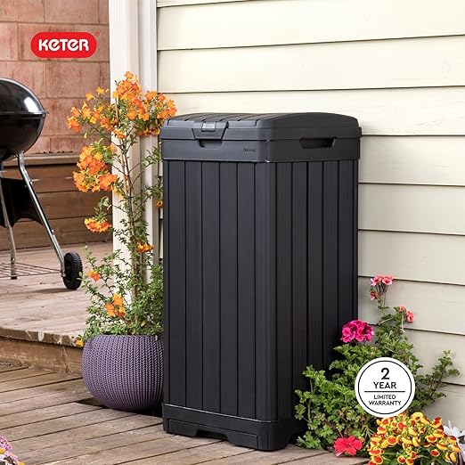 Keter Baltimore Resin 38 Gallon Outdoor Kitchen Trash Can with Lid and Drip Tray for Easy Cleaning-Perfect for Patio Dining, Black