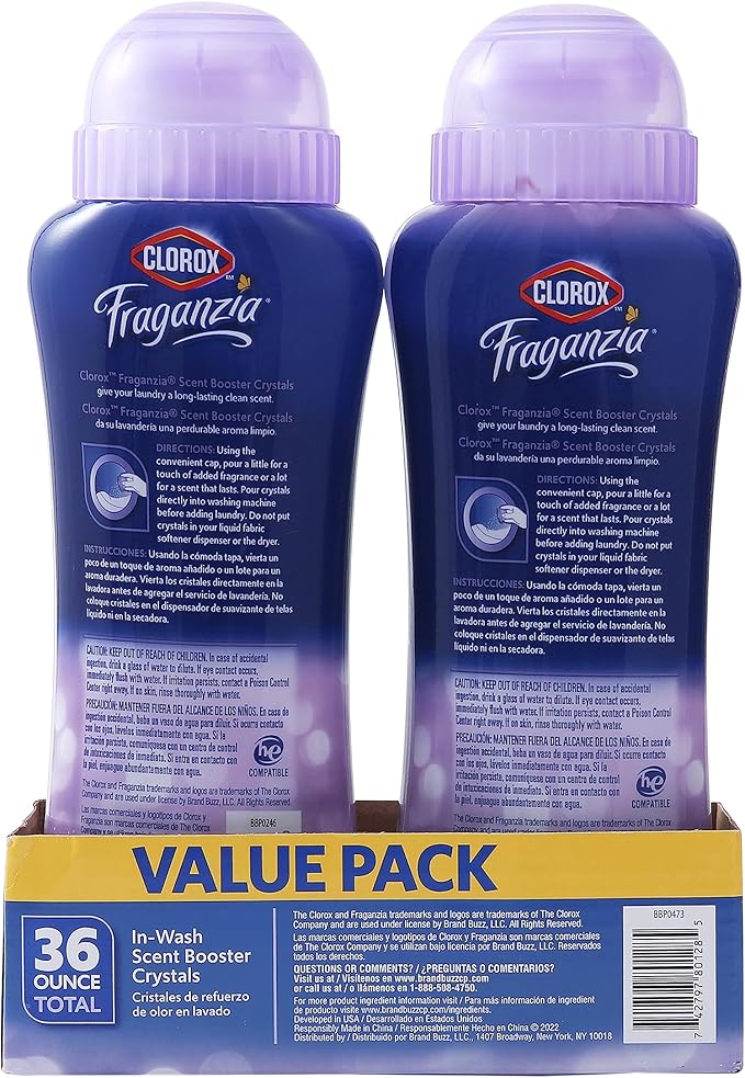 Clorox Fraganzia Laundry Scent Booster Crystals in Lavender with Eucalyptus Scent - Scented In-Wash Freshener Beads for Fresh, Clean, Great Smelling Clothes and Linens, 18 Oz - 2 Pack
