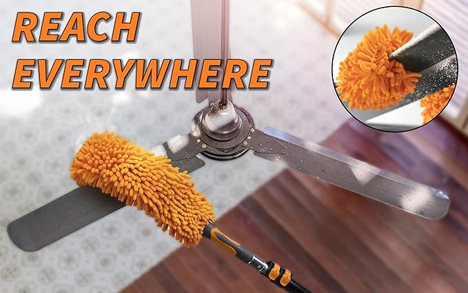 Ceiling Fan Blade Duster Cleaner with 4-14 ft Extension Pole (20ft Reach) // Flexible Fan Cleaner for Ceiling Fans // Microfiber Ceiling Fan Brush Cleaner with Pole // Best Ceiling Fan Cleaning Tool