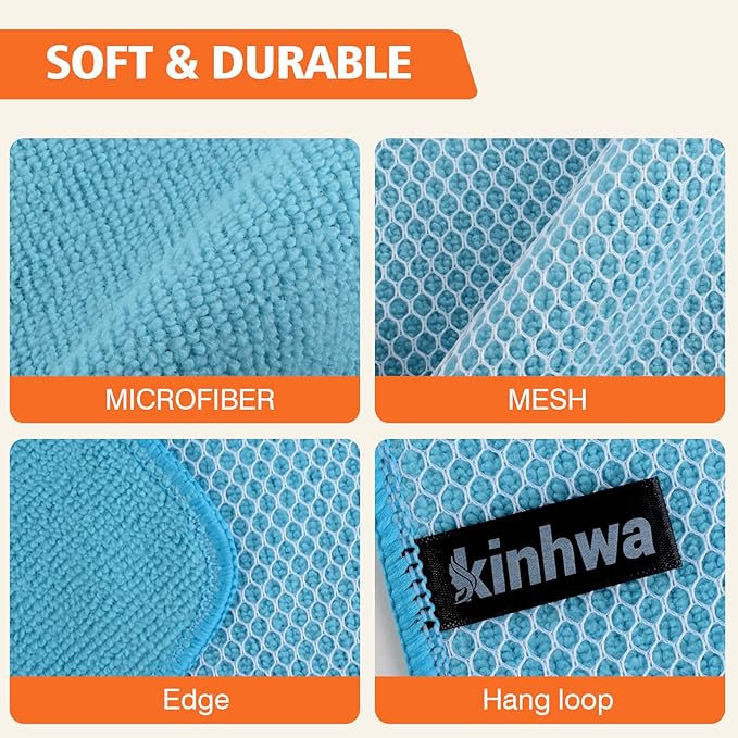 KinHwa Kitchen Washcloths for Dishes Absorbent Microfiber Dish Cloths Quick Dry Dish Rags with Poly Scour Scrub Side Ideal for Kitchen Cleaning (Blue, 12inchx12inch 9 Pack)