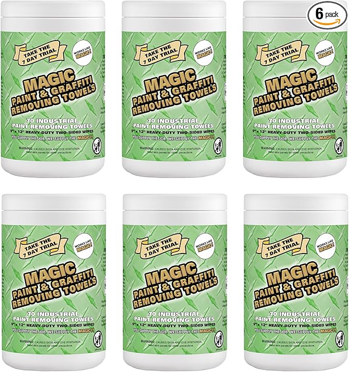 Magic Heavy Duty Paint & Graffiti Removing Wipes - Dual Sided Industrial Cleaning Towels | Waterless | Removes Adhesive, Ink, Marker, Spray Paint, Tar, Decals & more (6 Pack | 420 Sheets Total)