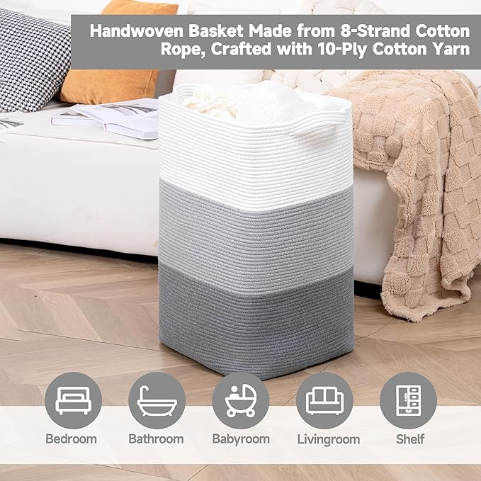 CLHMILY&Z 75L Laundry Basket Rectangular Grey Rope - 16x13x22 Inches - Dirty Clothes and Soft Storage Bin for Blankets, Toys, and Nursery Essentials