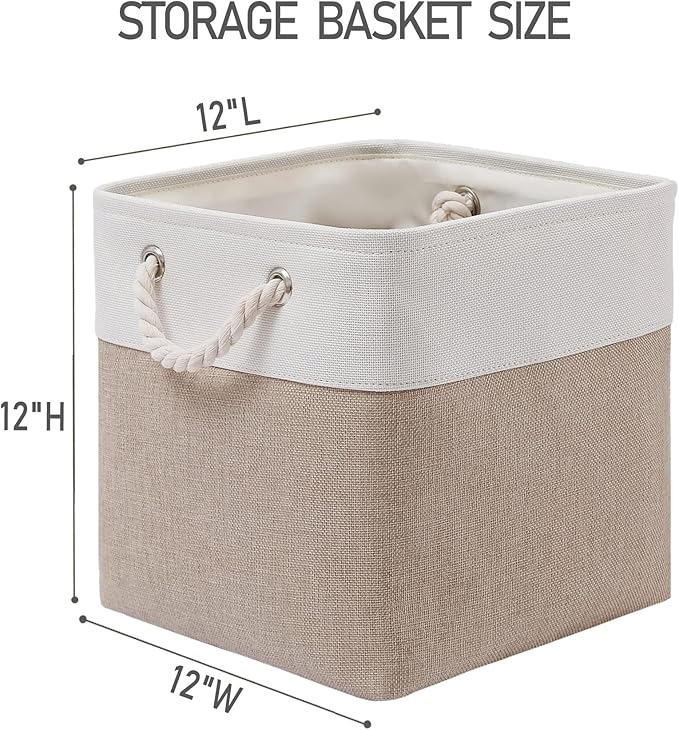 12 x 12 Inch Cube Storage Bins, 6 Pack Large Collapsible Fabric Storage Bin with Ropes, Foldable Storage Cubes for Home, Office,Closet, Clothes, Toys Organizer (White & Beige)