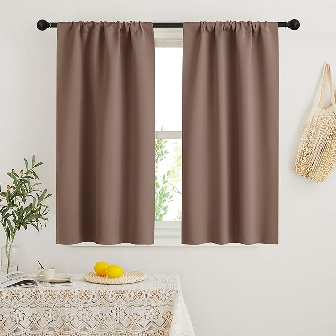 RYB HOME Small Window Curtains with Rod Pocket Design, Blackout Privacy Curtains Drapes Energy Efficient Covering for Closet Pantry W 29 x L 45 inches, 2 Panels, Mocha