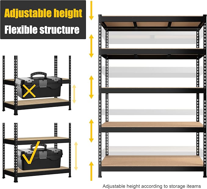 PrimeZone 48" x 24" x 72" Heavy Duty Storage Shelves, 5 Tier Adjustable Garage Storage Shelving, Metal Storage Utility Rack Shelf Unit for Warehouse Pantry Closet Kitchen, Black, 10 Pack