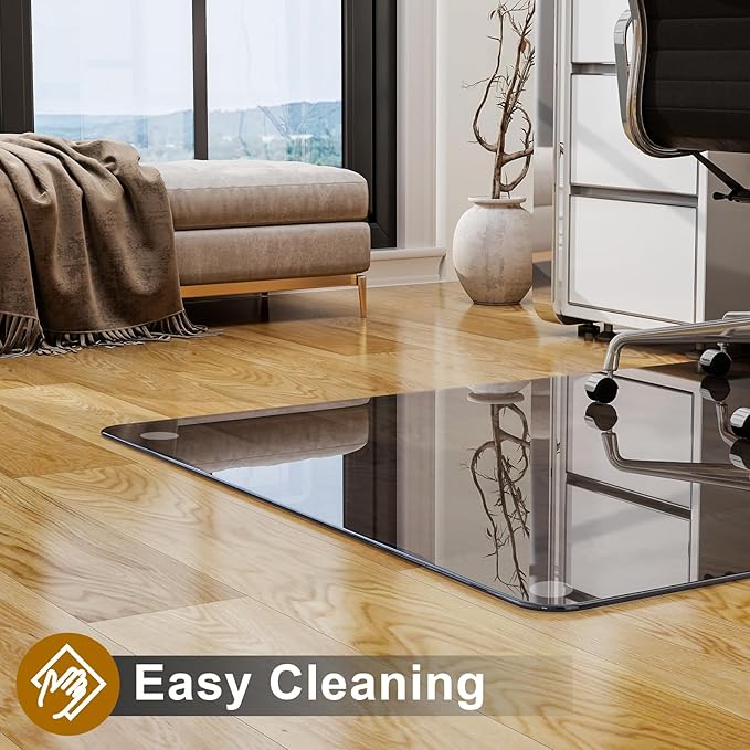 GLSLAND 46" × 55" [Tempered Glass] Chair Mat – Durable Office Chair Mat on Carpet with 0.2" Thickness, 4 Non‑Slip Pads, Sleek & Sturdy Matte Gray Finish, Smooth Glide & Easy Clean, Blue & Grey