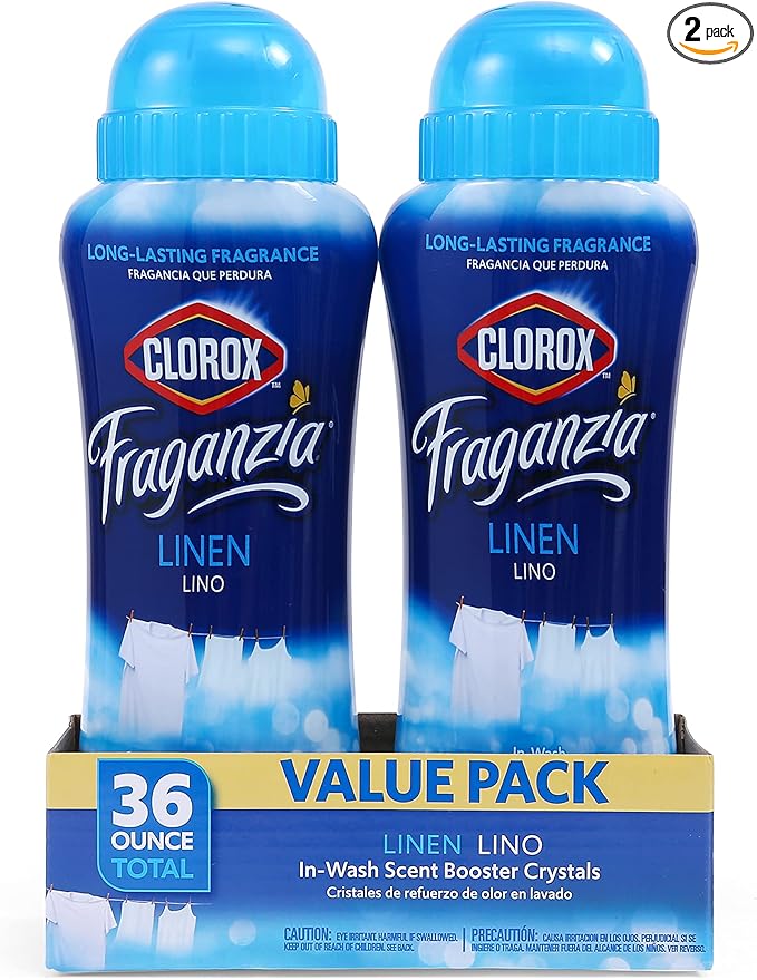 Clorox Fraganzia Laundry Scent Booster Crystals in Linen Scent - Scented In-Wash Freshener Beads for Fresh, Clean, Great Smelling Clothes and Linens, 18 Oz - 2 Pack