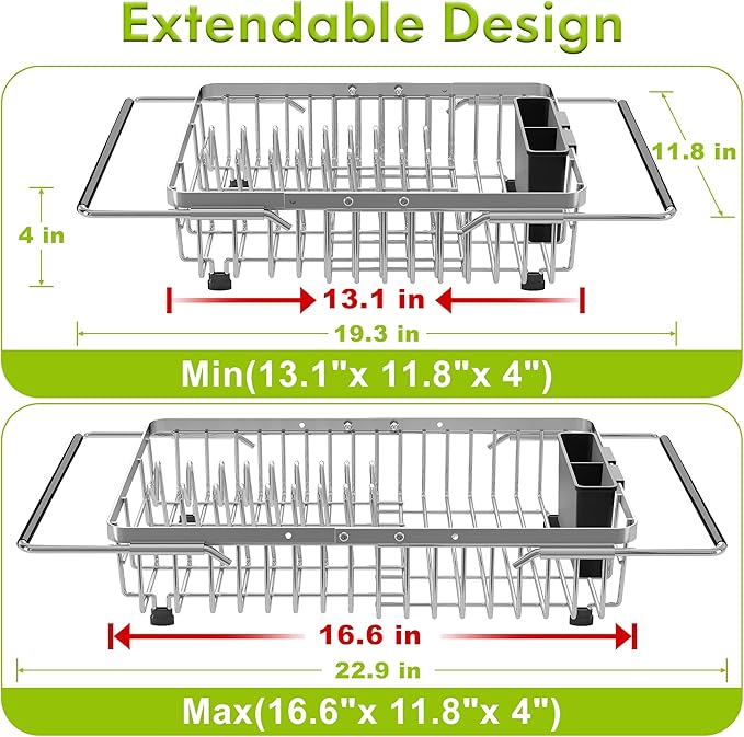 JASIWAY Dish Drying Rack in Sink, Expandable Stainless Steel Dish Drainer for Kitchen Sink, Dish Strainer Rack, Retractable Over Sink Dish Rack with Utensil Holder, 13.1''~16.6''D x 11.8''W, Silver