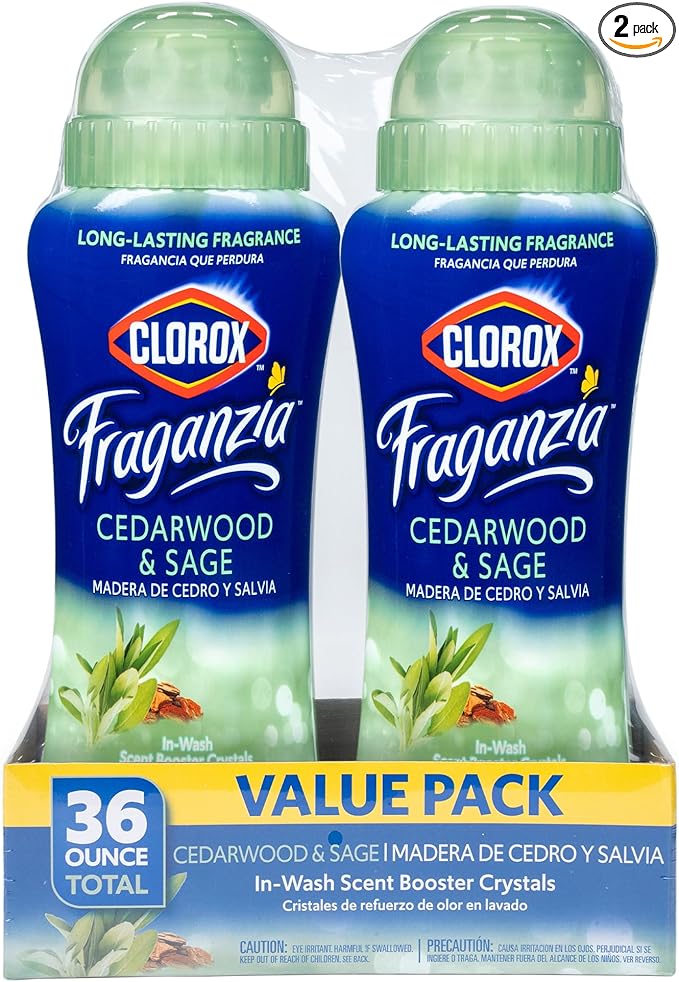 Clorox Fraganzia Laundry Scent Booster Crystals in Cedarwood & Sage Scent - Scented In-Wash Freshener Beads for Fresh, Clean, Great Smelling Clothes and Linens, 18 Oz - 2 Pack