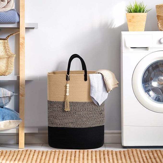 Woven Laundry Basket for Clothes, 50 L Large Rectangle Laundry Hampers with Beads Tassel, Nursery Storage Basket for Toys, Tall Dirty Clothes Hamper for Bedroom Aesthetic, Laundry Room Organization
