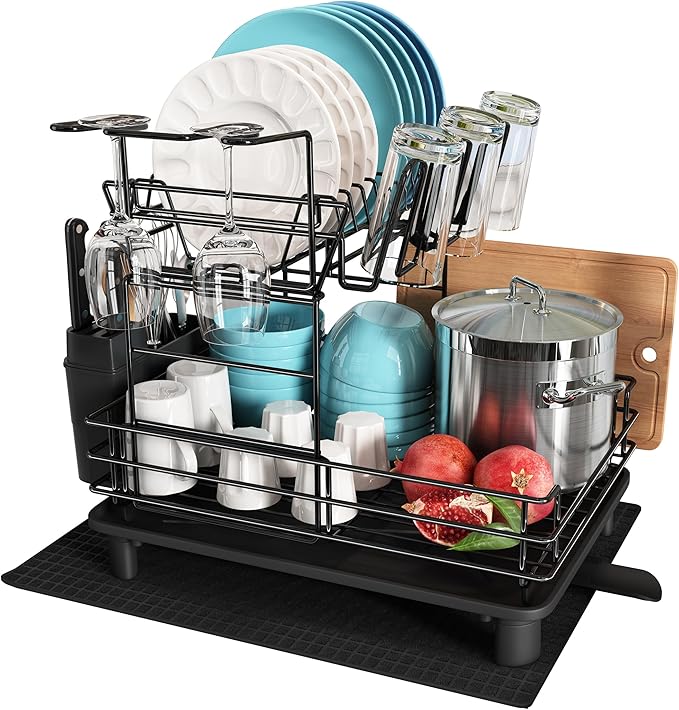 JASIWAY 2 Tier Black Large Stainless Steel Dish Drainers Drying Rack for Kitchen Counter with Drainboard, Rust Proof Metal, Space Saving, Modern Aesthetic, Compact Plates Strainers with Extra Mat