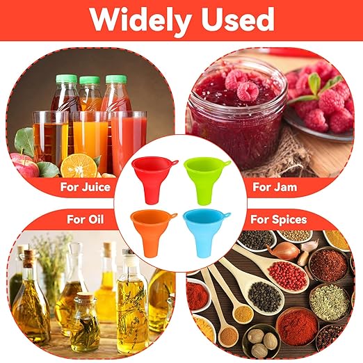 4Pcs Funnels for Kitchen Use Filling Bottles Silicone Funnel Wide Mouth Funnel Multi Color Flexible Condiment Funnel Kitchen Gadgets Accessories for Filling Water Bottle Liquid Transfer