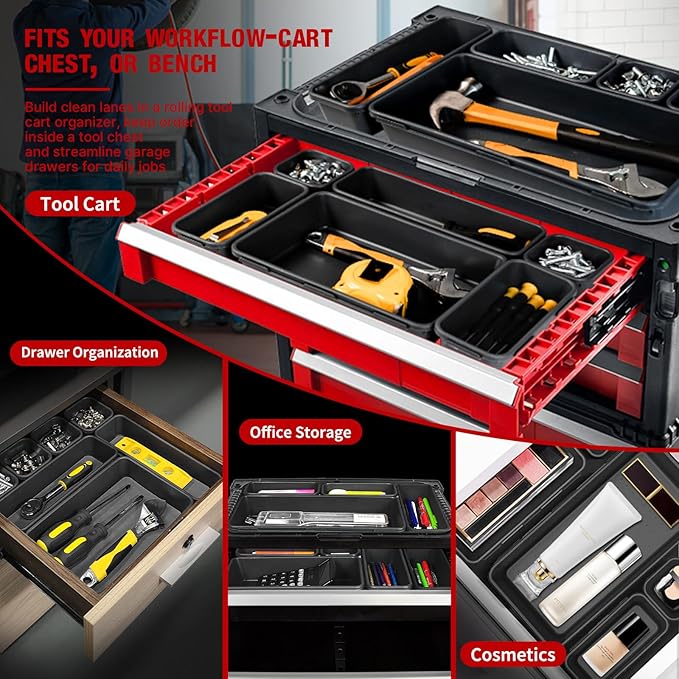 【48PCS & 5 Sizes】Tool Box Organizer Tray, Toolbox Drawer Organizer with Non-Slip Pads, Desk Drawer Divider Set, Fits Rolling Tool Chest Cabinet for Garage & Workbench