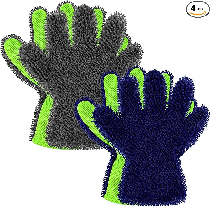 Ferraycle 2 Packs Car Wash Mitt 5 Finger Microfiber Wash Mitts Auto Car Dusting Gloves Double Sided Cleaning Gloves for Kitchen Home(Blue and Gray)