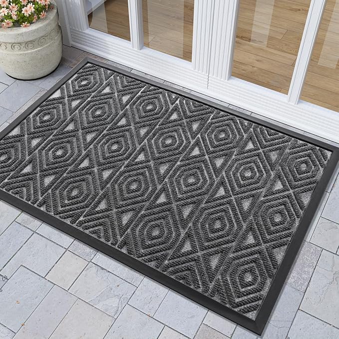 Yimobra Door Mat, Outdoor Indoor Entrance Welcome Mat, Heavy Entry Front Door Mat, Stain & Fade Resistant, Low Profile, Sturdy Rubber, Easy Clean Patio Floor Mat, Waterproof, 36 x 24, Gray