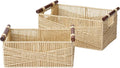 LA JOLIE MUSE Wicker Storage Baskets for Organizing, Recyclable Paper Rope Basket with Wood Handles, Decorative Hand Woven Basket Organizers for Makeup Books Shelves Living Room, Beige, Set of 2