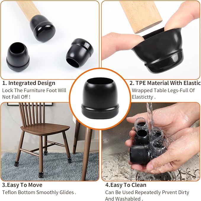 Ezprotekt 24 Pcs Black Chair Leg Sliders for Carpet, Round Teflon Furniture Glides for Rug, Carpet Sliders Protectors Caps for Couch, Dining Table Chair, Bar Stool Legs (L Fit: 1-1/10" to 1-3/10")