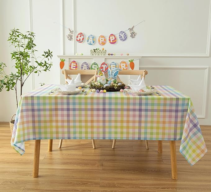 Waterproof Plaid Easter Tablecloth Fabric - Spring Square 58x58 Inch Classic Gingham Checker Holiday Table Cloth for Indoor Outdoor Use - Table Cover for Picnics, BBQs, and Parties