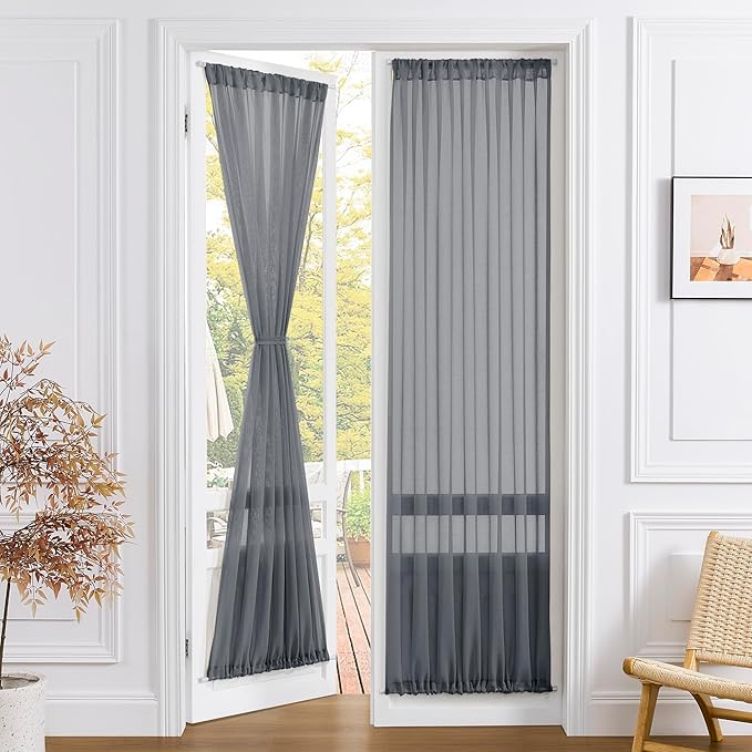 Tollpiz Sheer Door Curtain Closet Linen Textured Curtains Sheer Doorway Light Filtering Voile Patio Glass Door Rod Pocket Curtain French Door, 54 x 72 inches Long, Dark Grey, Set of 1 Panel