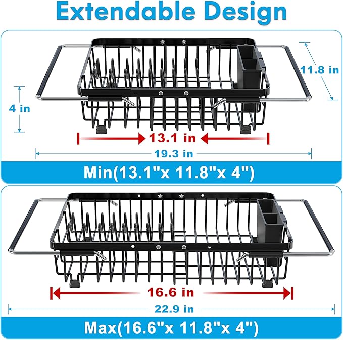 JASIWAY in Sink Dish Drying Rack, Expandable Stainless Steel Dish Drainers for Kitchen Sink, Over Sink Dish Drying Rack with Utensil Holder, 13.1''~16.6''D x 11.8''W, Black
