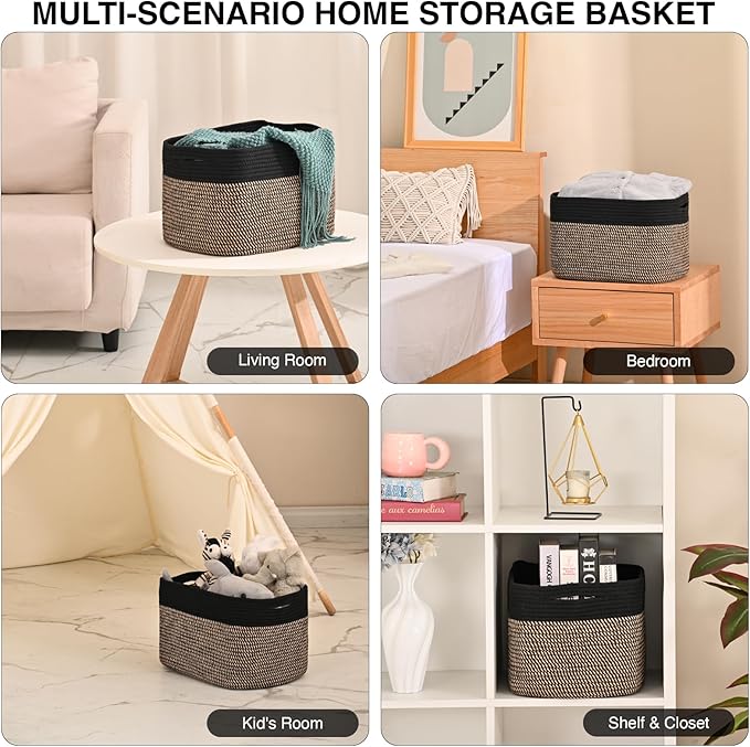 Woven Cotton Rope Storage Basket for Organizing, Cute Decorative Baskets for Gifts Empty, Organizer Bins for Dog Toy, Baby Laundry, 15“×11”×9.5“, Jute & Black