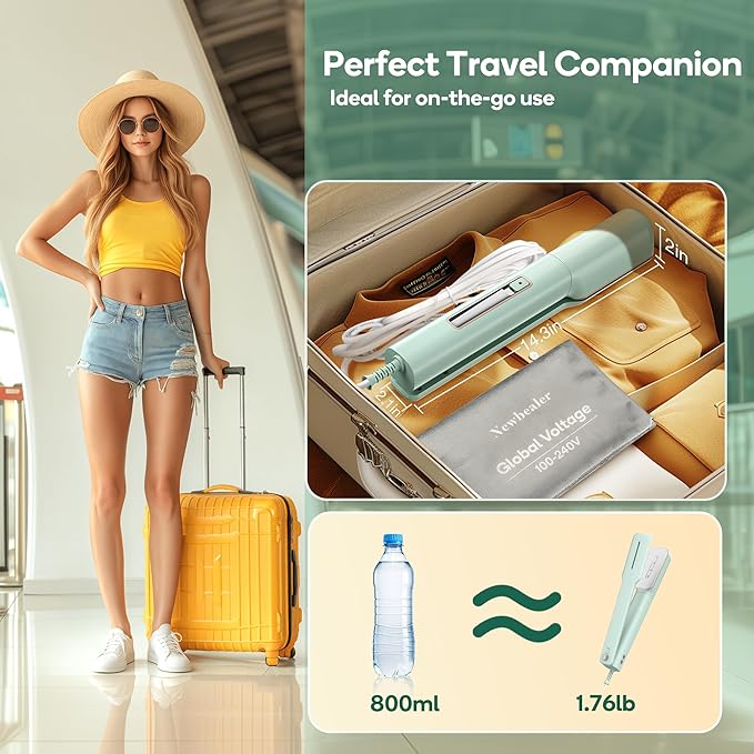 Newbealer 3in1 Clamp Travel Steam Iron with Global Voltage, 100-240V Clothes Steamer, Dry Ironing & 2 Steam Levels, Non-Stick Ceramic Soleplate, Auto-off, Self Cleaning, w/Detachable Clamp (Green)