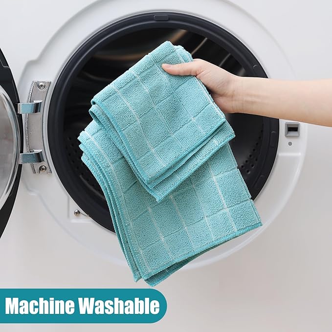 Homaxy Microfiber Kitchen Towels and Dishcloths Set, 12 Pack Soft and Absorbent Dish Hand Towels Bulk, 28 x 16 Inch & 12 x 12 Inch Quick Drying Rags for Washing Dishes, Lake Blue