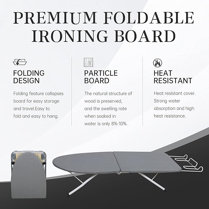 Tabletop Ironing Board,Portable Iron Board with Iron Rest, Foldable Small Ironing Board with Heat Resistant Cover and 100% Cotton Pad, 31.5"x11.8"x7", Grey