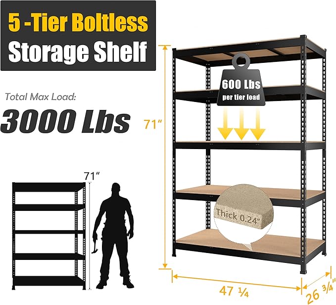 PrimeZone 48" W x 24" D x 72" H Heavy Duty Storage Shelves, 5 Tier Adjustable Garage Shelving Unit, Metal Organizer Shelf Utility Rack for Warehouse Pantry Closet Kitchen, Black, 8 Pack