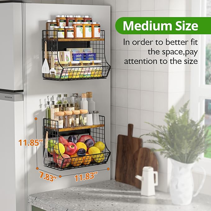 2 Pack Magnetic Shelf for Fridge with Wood Lid, Fruit Potato and Onion Storage Bins, Pantry Organizers and Storage, Strong Magnetic Spice Rack for Refrigerator, Kitchen Counter and Laundry Room