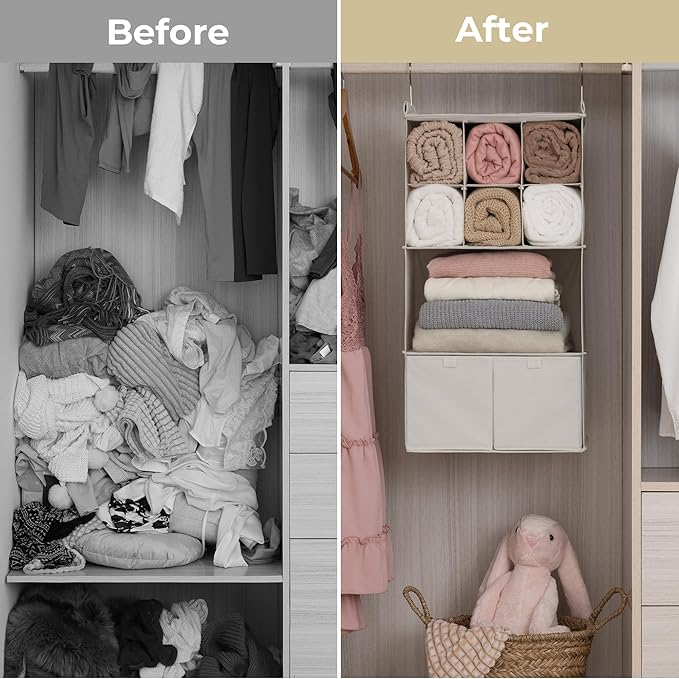 GRANNY SAYS Hanging Closet Organizer with Drawers, 4 Shelf Dividers Closet Hanging Organizer, Foldable Hanging Shelves for Clothes Organizer, Small Closet Organizers and Storage, Beige