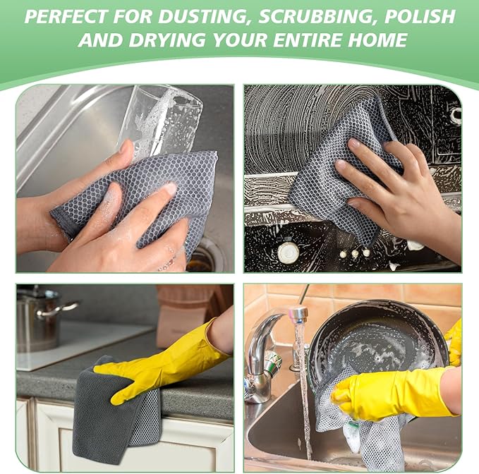 SINLAND Microfiber Dish Cloths Wash Clothes for Kitchen Best Kitchen Cloths Cleaning Cloth Poly Scour Side 12"x12" (5Pack, Dark Grey)
