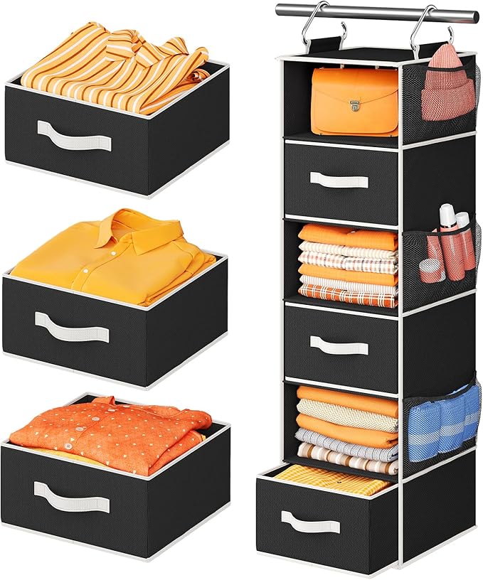 Pipishell Hanging Closet Organizer 6-Shelf, Hanging Shelves for Closet with 3 Removable Drawers & Side Pockets, Hanging Shelf Organizer for Bedroom or Garment Rack, 12'' x 12'' x 43.3'', Black
