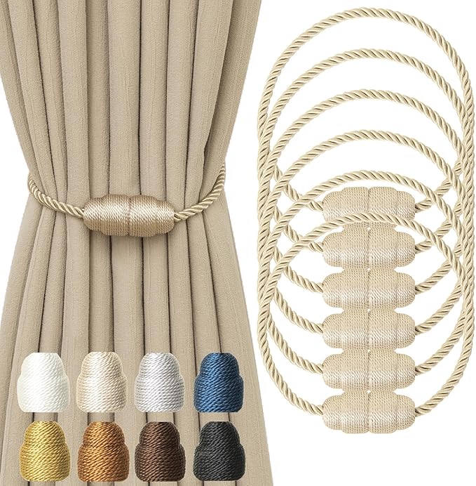 Magnetic Curtain Tiebacks - Rope Tiebacks for Curtains & Drapes, Decorative Window Holdbacks (6 Pack, Beige)
