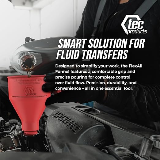 TEC Products FlexAll Long Flexible Funnel for Automotive Use - Durable Nitrile Rubber - Ideal for Car Oil Change, Transmission Funnel Fluid, Diesel, Fuel, Gas - Made in USA - Red (12 x 4 Inches)